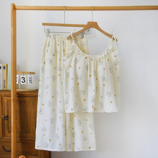 Pyjama en gaze de coton à volants avec un motif de cheval - Beige - XL - image 0