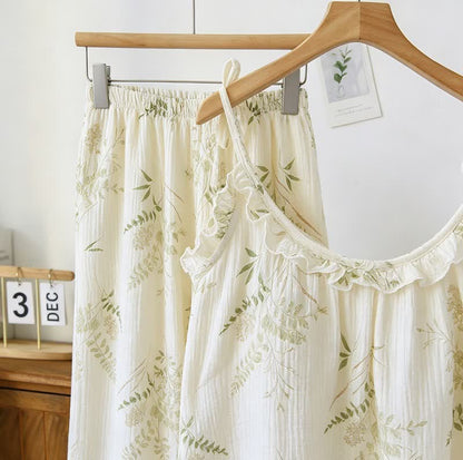 Pyjama camisole en coton à volants et motif de feuilles botaniques - image 2