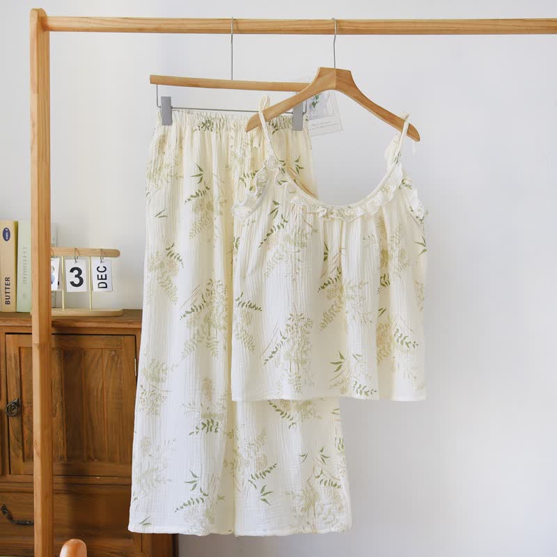Pyjama camisole en coton à volants et motif de feuilles botaniques - Beige - XL - image 0