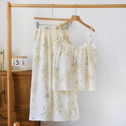 Pyjama camisole en coton à volants et motif de feuilles botaniques - Beige - XL - image 0