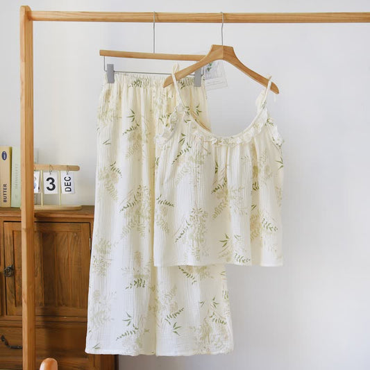 Pyjama camisole en coton à volants et motif de feuilles botaniques - Beige - XL - image 0