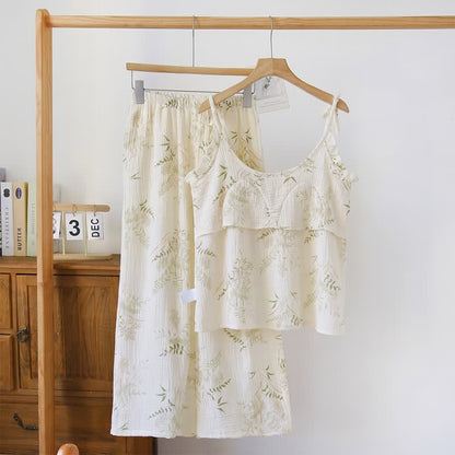 Pyjama camisole en coton à volants et motif de feuilles botaniques - image 1