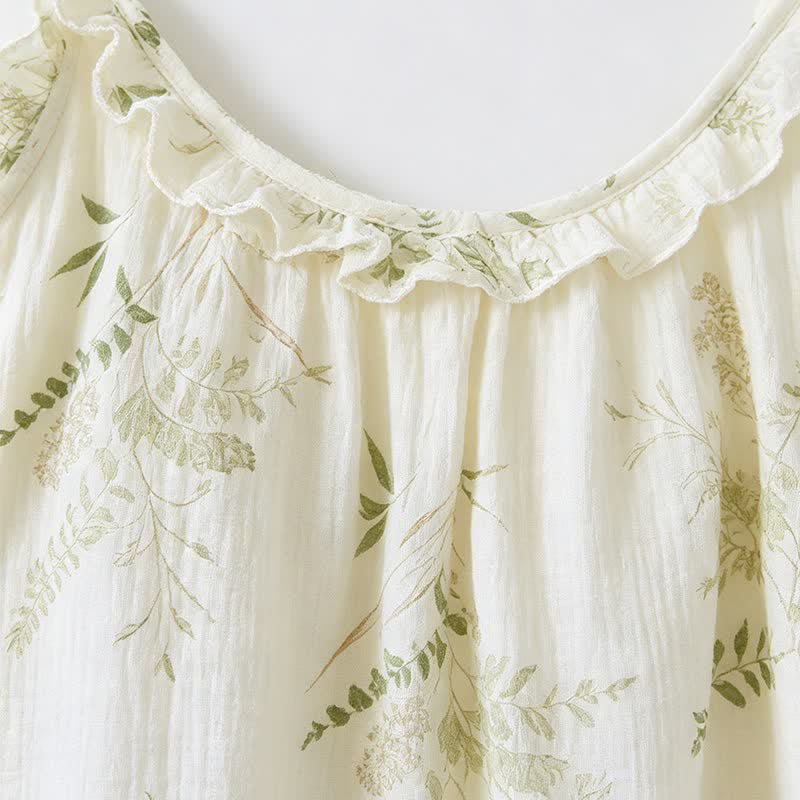 Pyjama camisole en coton à volants et motif de feuilles botaniques - image 4