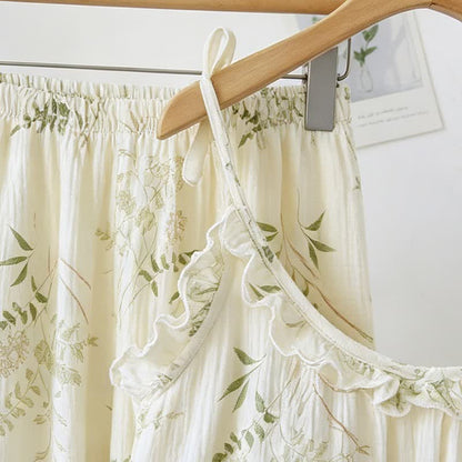 Pyjama camisole en coton à volants et motif de feuilles botaniques - image 3