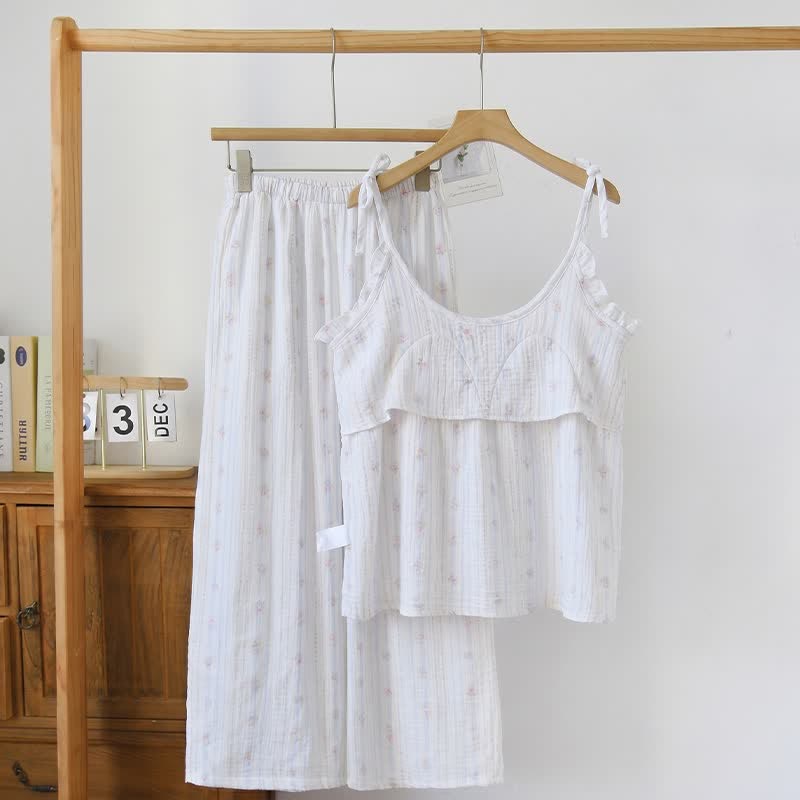 Pyjama à volants en coton, à rayures et à motifs floraux - image 1