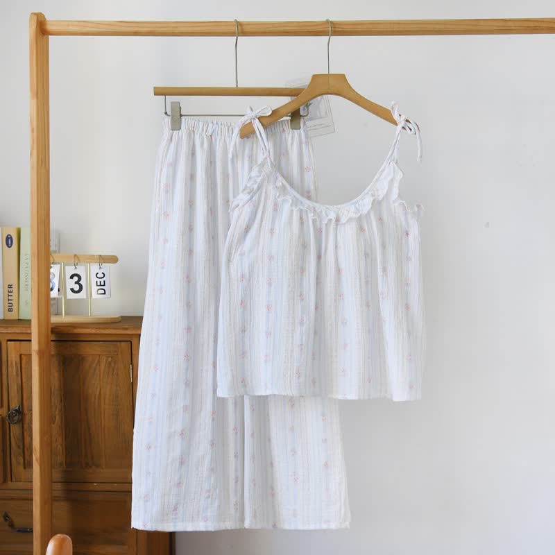 Pyjama à volants en coton, à rayures et à motifs floraux - Bleu - XL - image 0