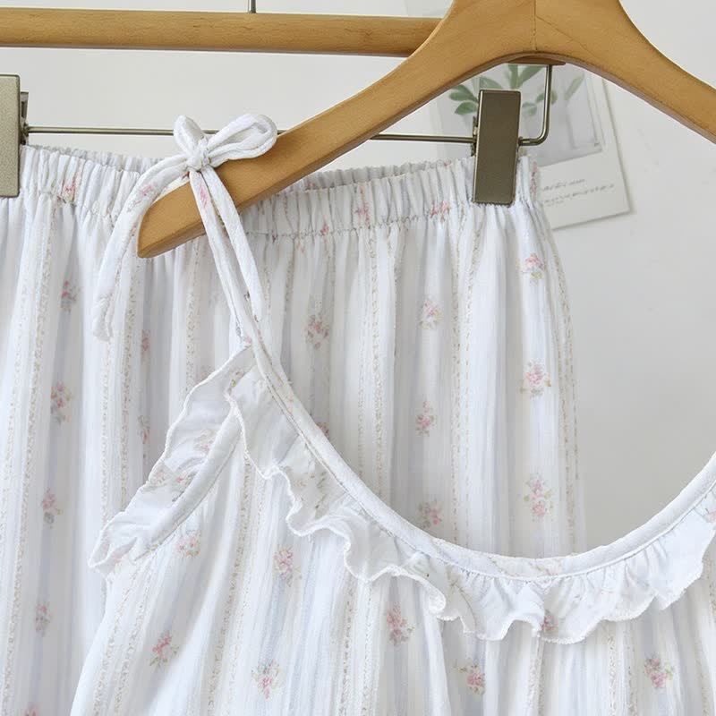 Pyjama à volants en coton, à rayures et à motifs floraux - image 4