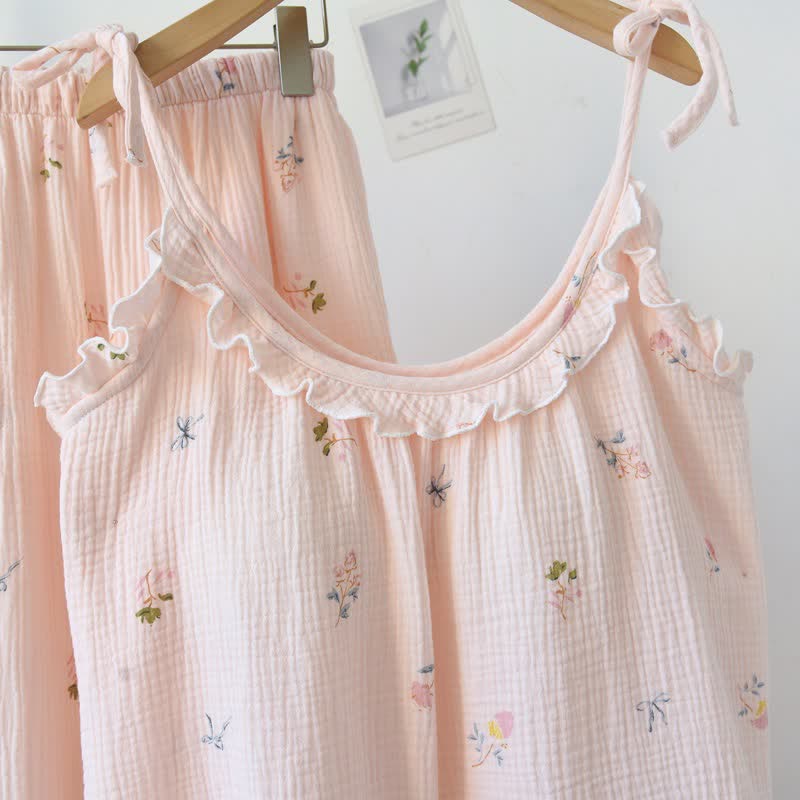 Pyjama camisole en coton à volants avec un délicat motif floral - image 3