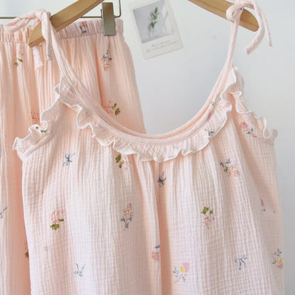 Pyjama camisole en coton à volants avec un délicat motif floral - image 3