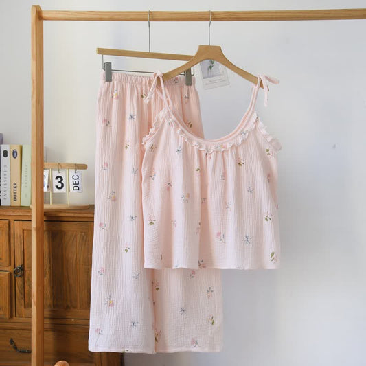 Pyjama camisole en coton à volants avec un délicat motif floral - Rose - XL - image 0