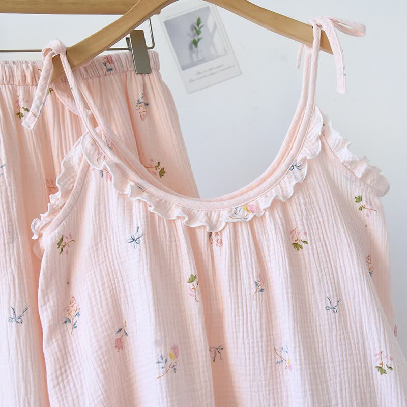 Pyjama camisole en coton à volants avec un délicat motif floral - image 2