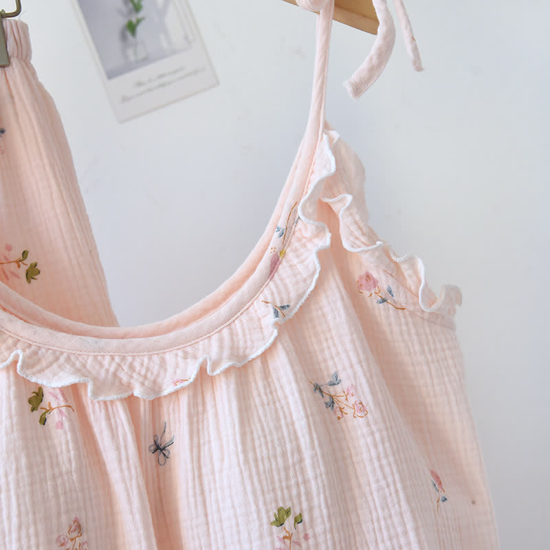 Pyjama camisole en coton à volants avec un délicat motif floral - image 5