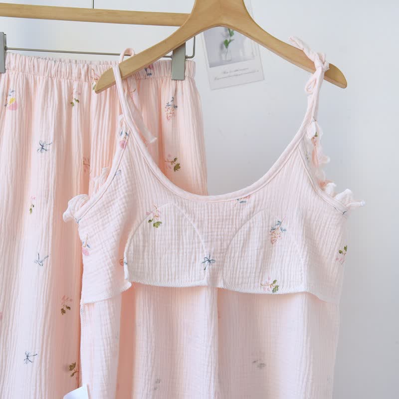 Pyjama camisole en coton à volants avec un délicat motif floral - image 4