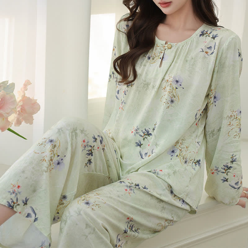 Pyjama à manches longues vert clair à motifs floraux - image 1