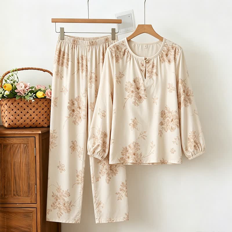 Pyjama élégant pour femme, à motifs floraux et à manches longues. - Beige - XXL - image 0