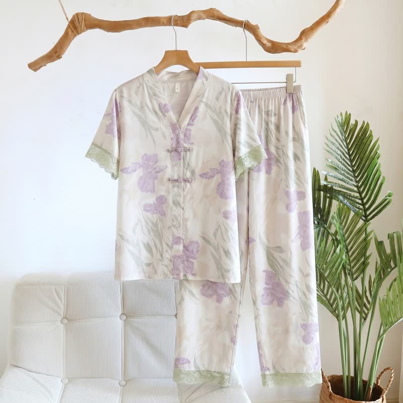 Ensemble de vêtements d'intérieur pour femme à motif floral et col montant - Beige - 3XL - image 0