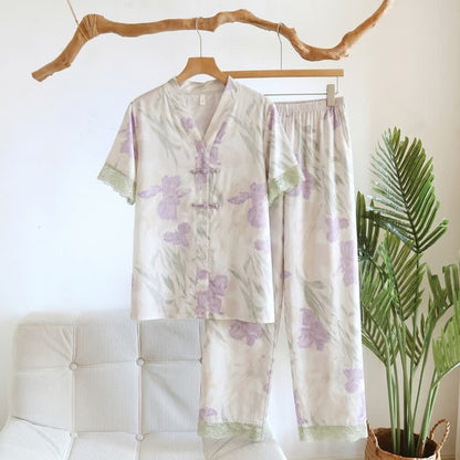 Ensemble de vêtements d'intérieur pour femme à motif floral et col montant - Beige - 3XL - image 0