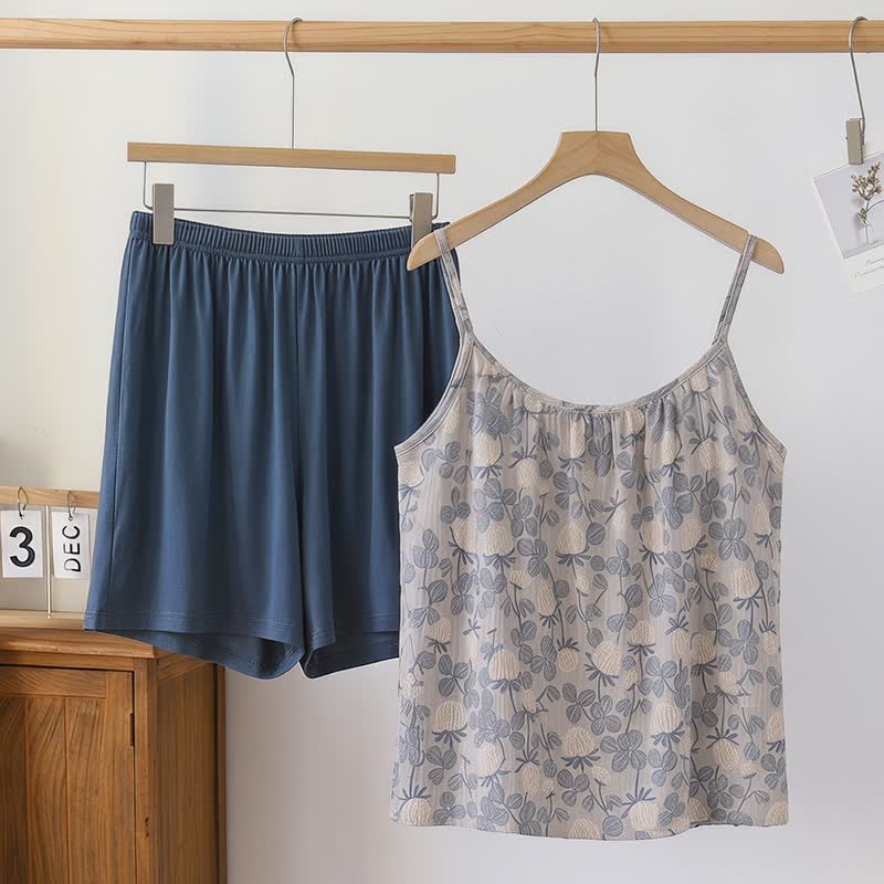 Ensemble pyjama vintage en modal à motif floral - Bleu - 2XL - image 0