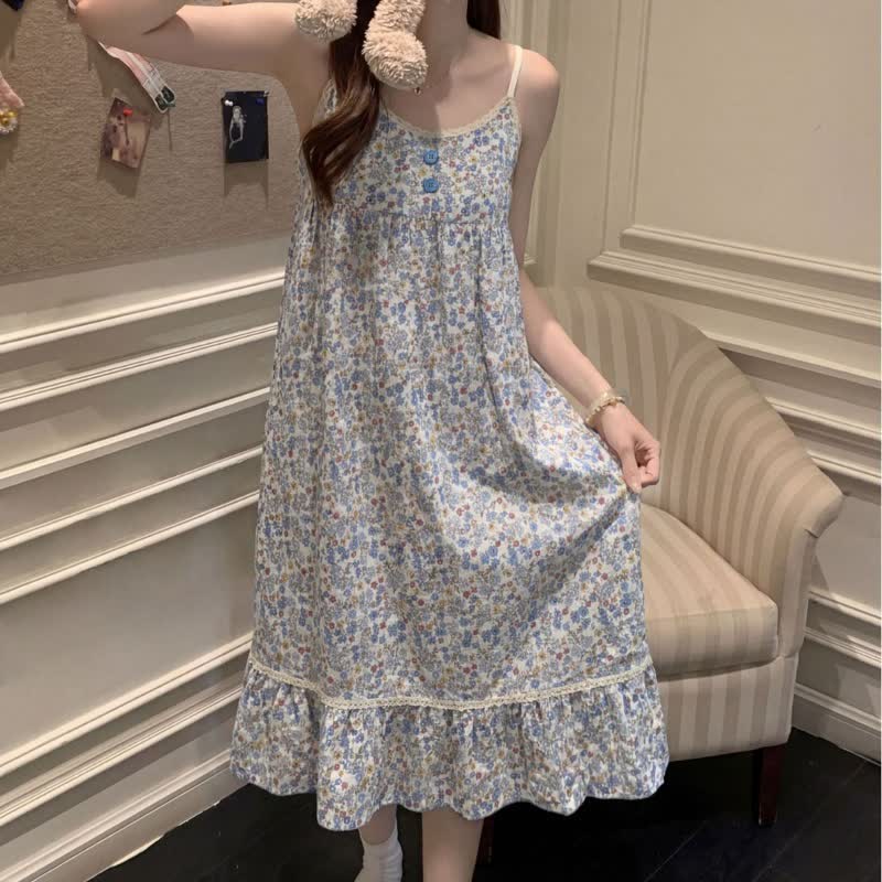 Chemise de nuit sans manches à volants et à motifs floraux bleus - image 7