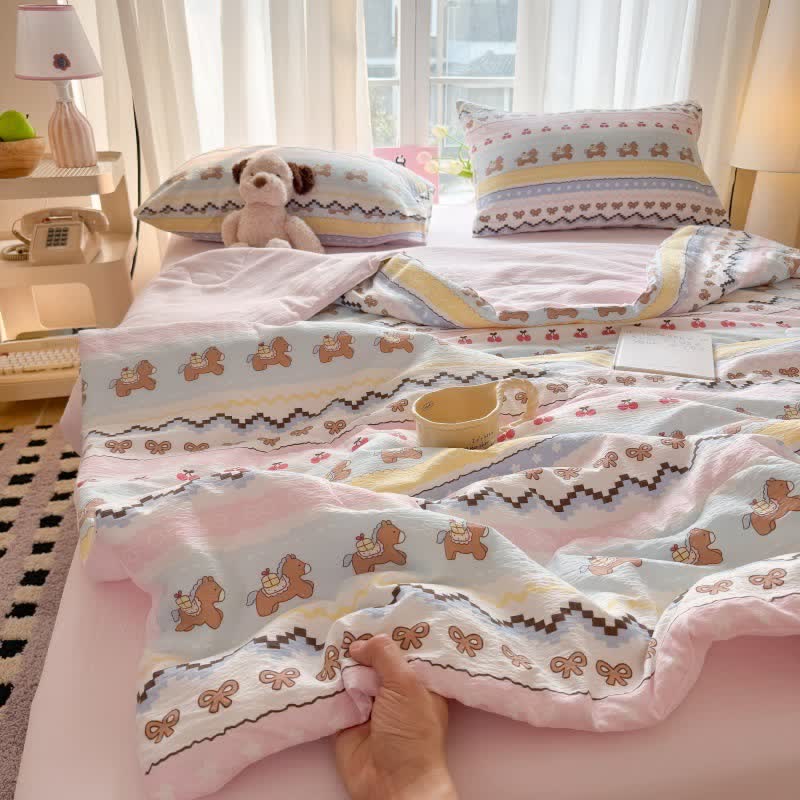Ensemble de literie en coton lavé Ownkoti Pink Bow Bear - image 3