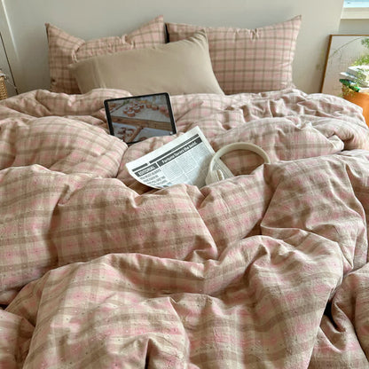 Ensemble de literie en coton à carreaux rose pâle Ownkoti - image 1