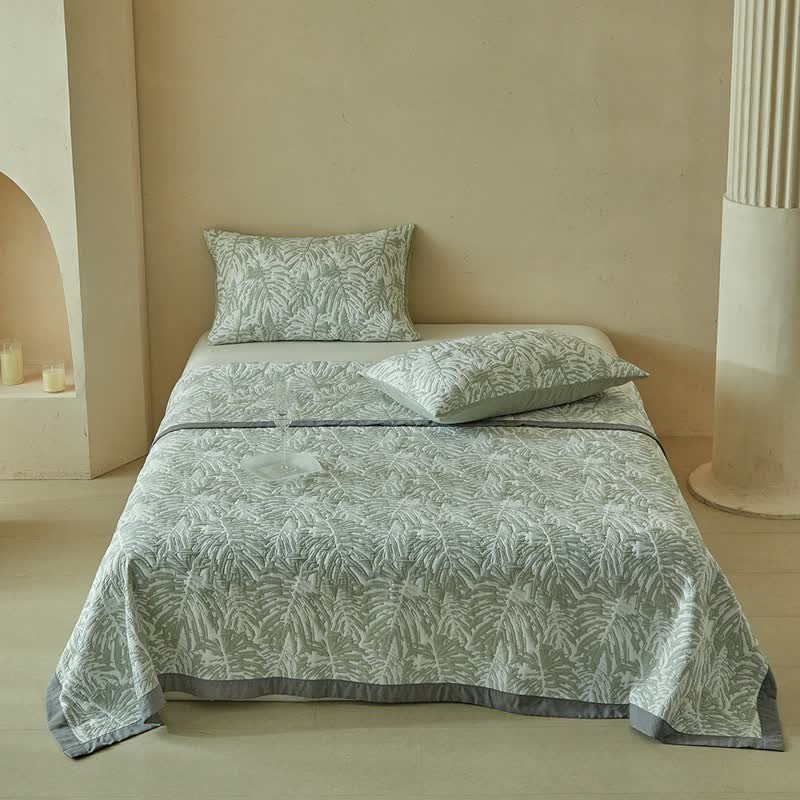 Ensemble de literie réversible à motif de feuilles de palmier tropicales - Gris - Couette avec 2 taies d'oreiller - roi - image 0