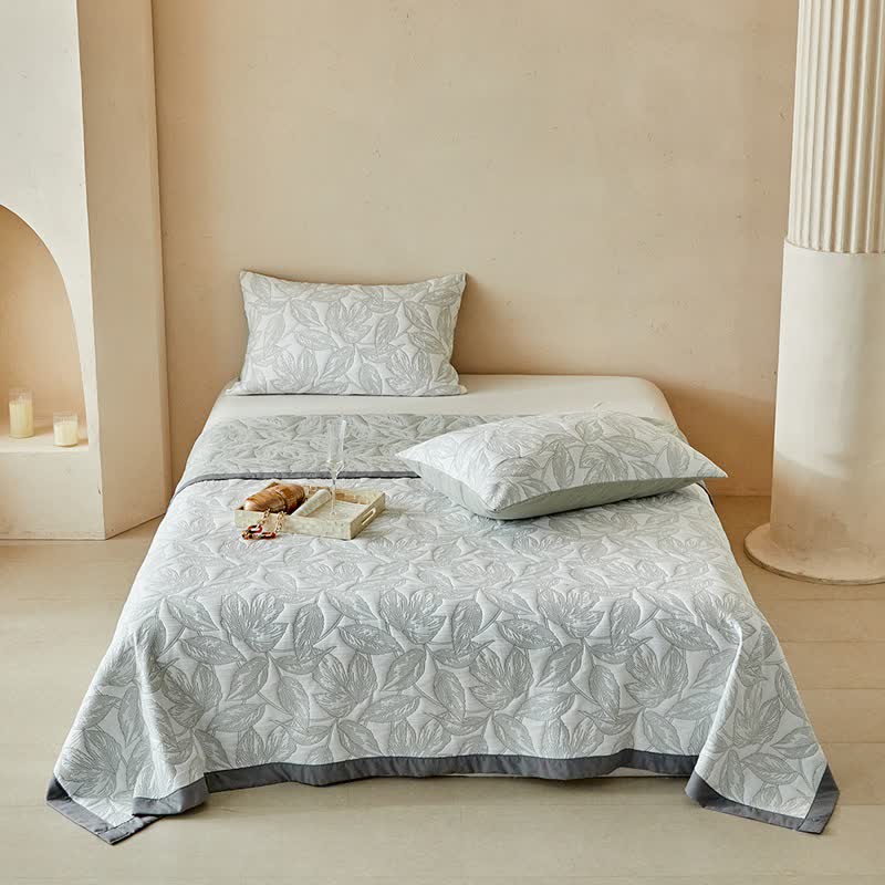 Ensemble de courtepointe à motif de feuilles botaniques - Gris - Couette avec 2 taies d'oreiller - roi - image 0