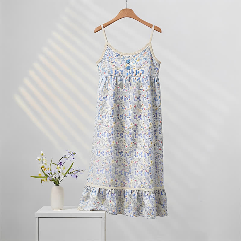 Chemise de nuit sans manches à volants et à motifs floraux bleus - Bleu - XXL - image 0