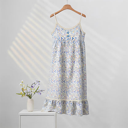 Chemise de nuit sans manches à volants et à motifs floraux bleus - Bleu - XXL - image 0