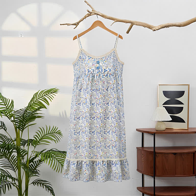 Chemise de nuit sans manches à volants et à motifs floraux bleus - image 3