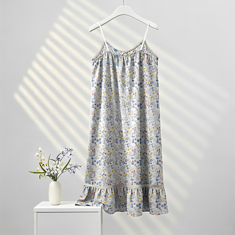 Chemise de nuit sans manches à volants et à motifs floraux bleus - image 2