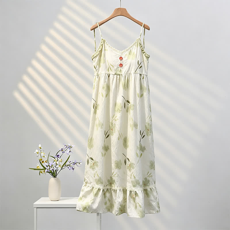 Robe d'intérieur sans manches à motif floral botanique et à volants - Blanc - XXL - image 0