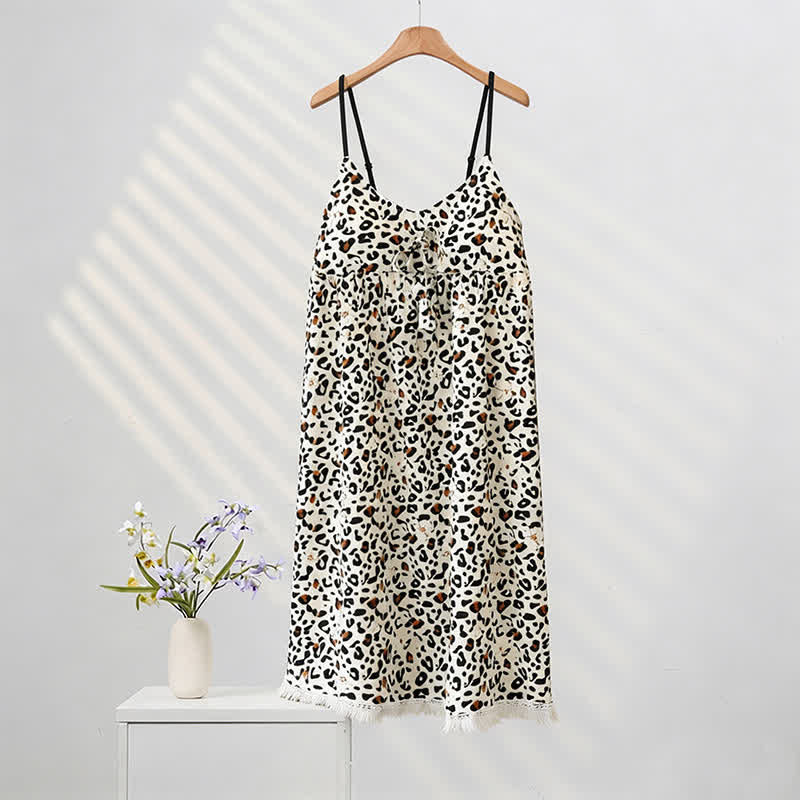 Robe d'intérieur à imprimé léopard et à franges - Café - XXL - image 0