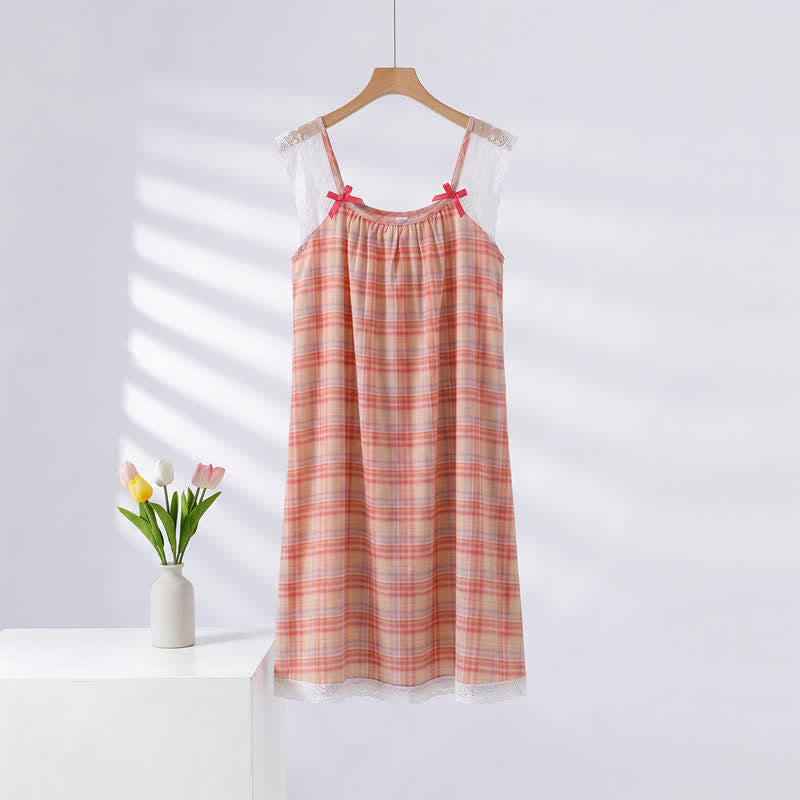 Robe de nuit Ownkoti à carreaux arc-en-ciel en double gaze avec bordure en dentelle - Arc-en-ciel - XL - dentelle sans manches - image 0