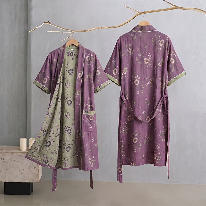 Peignoir kimono vintage en coton, violet à motifs floraux - image 1
