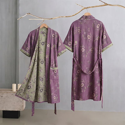 Peignoir kimono vintage en coton, violet à motifs floraux - image 1