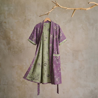 Peignoir kimono vintage en coton, violet à motifs floraux - XL - image 0