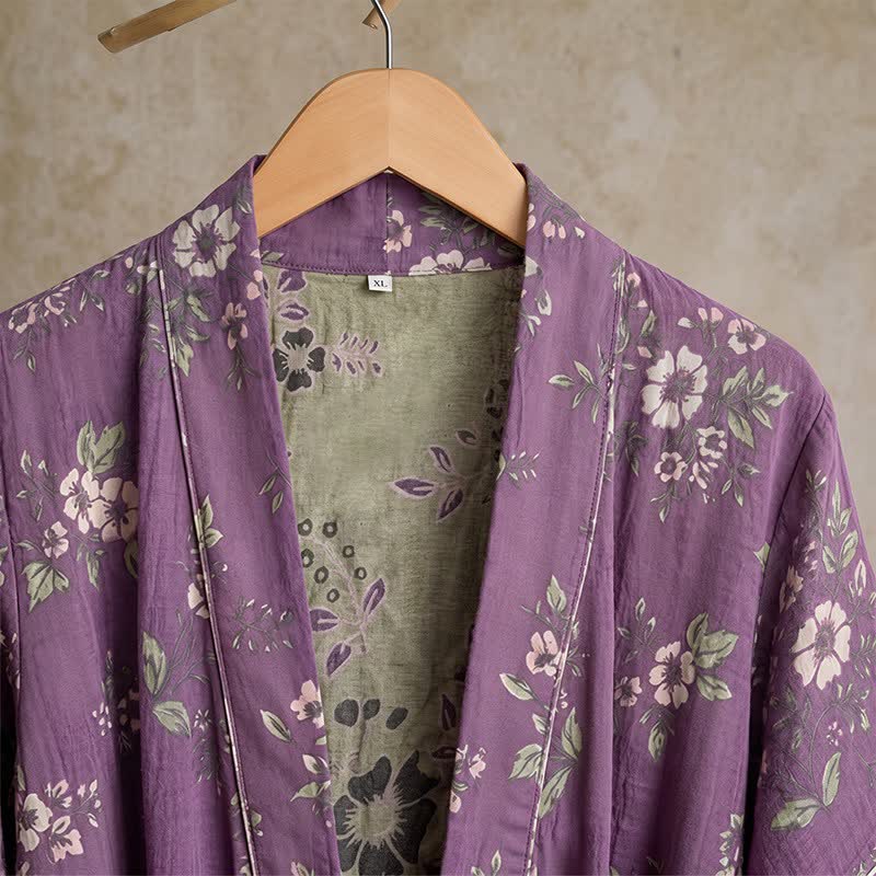 Peignoir kimono vintage en coton, violet à motifs floraux - image 4