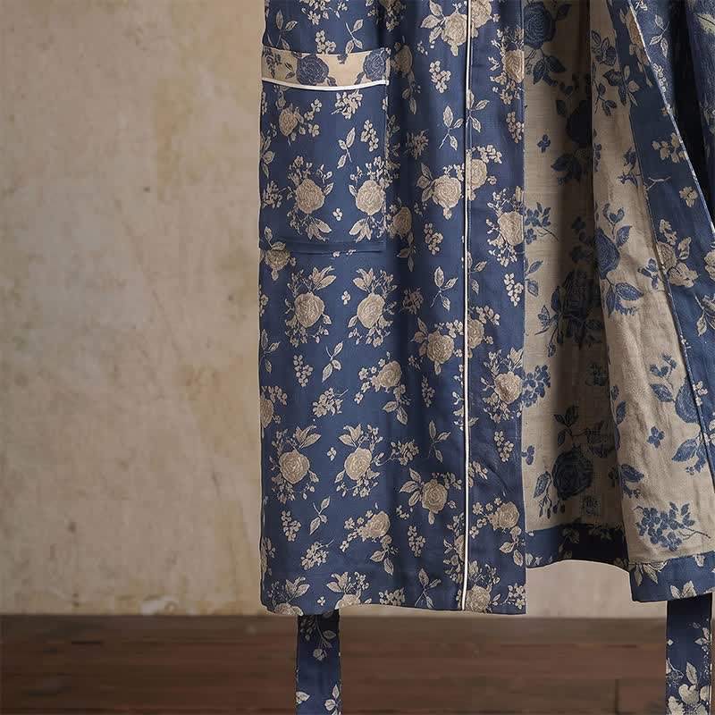 Peignoir kimono bleu indigo à motif floral vintage - image 6