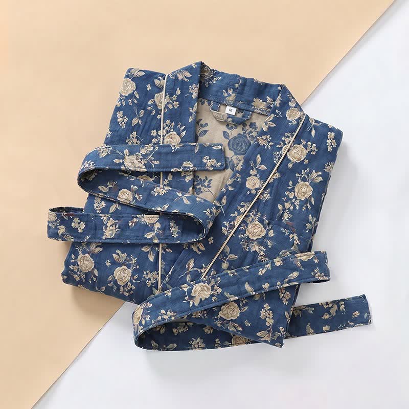 Peignoir kimono bleu indigo à motif floral vintage - image 3