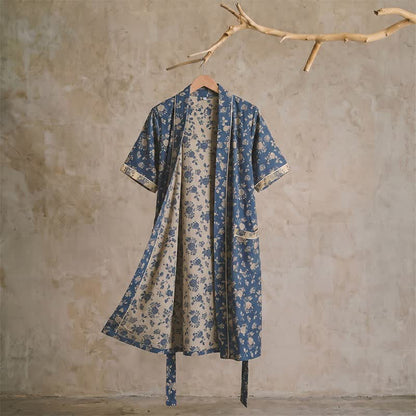 Peignoir kimono bleu indigo à motif floral vintage - XL - image 0