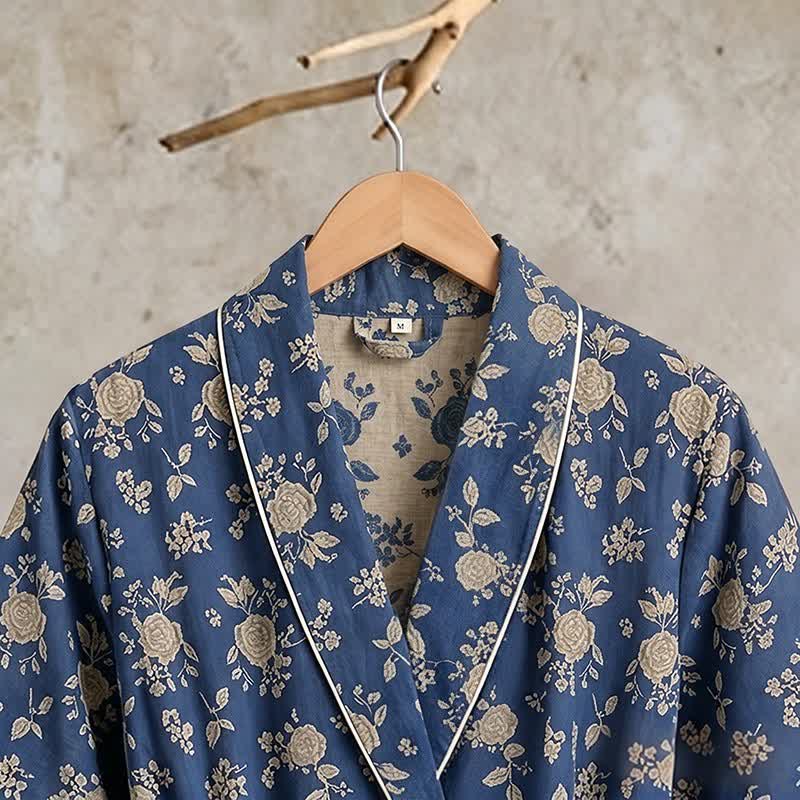 Peignoir kimono bleu indigo à motif floral vintage - image 4