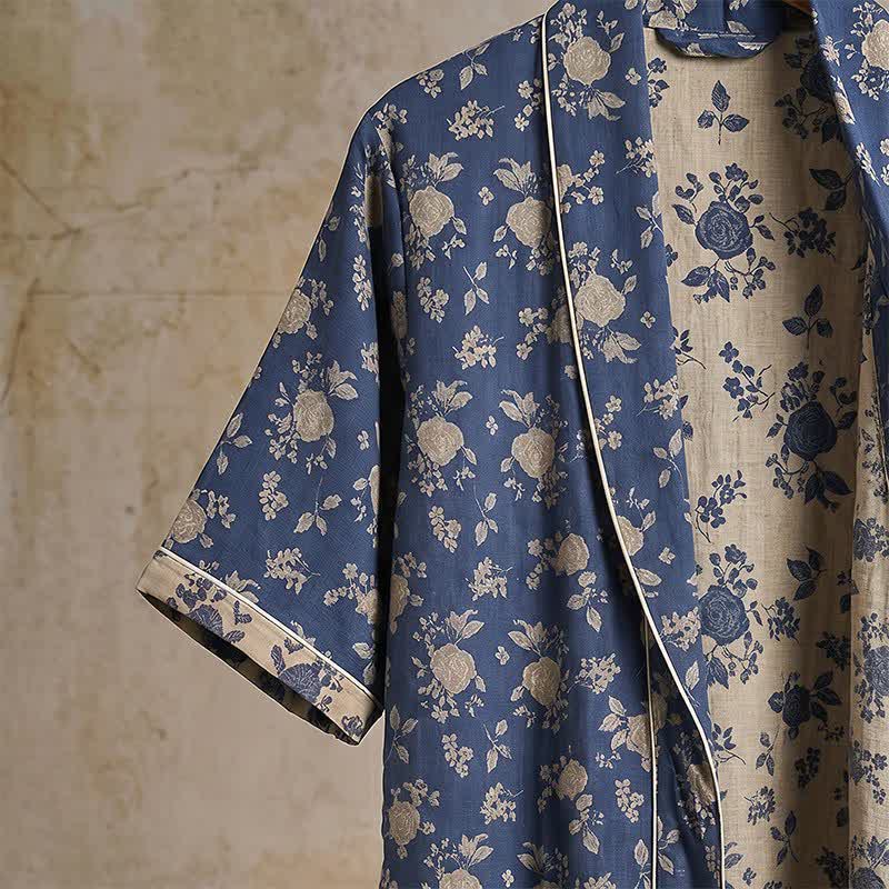 Peignoir kimono bleu indigo à motif floral vintage - image 5