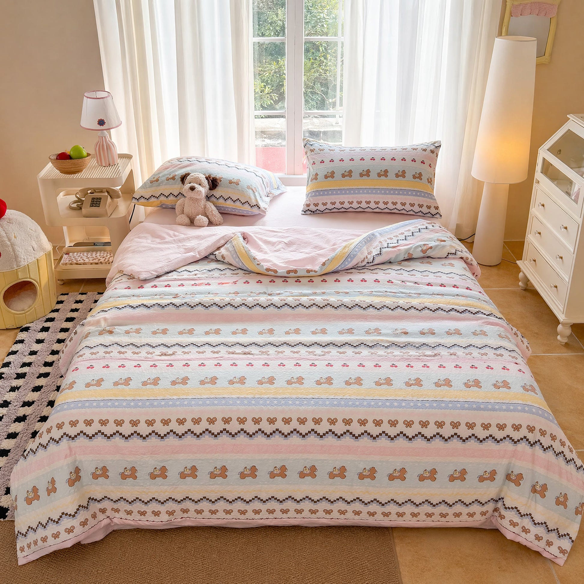 Ensemble de literie en coton lavé Ownkoti Pink Bow Bear - Coloré - Reine - Ensemble de literie - image 0