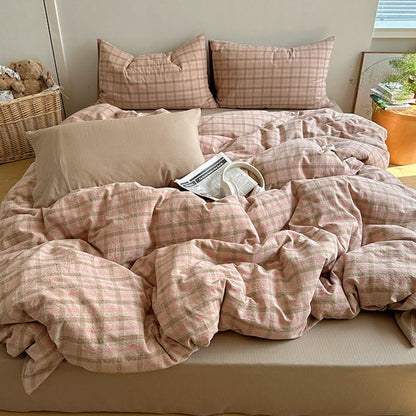 Ensemble de literie en coton à carreaux rose pâle Ownkoti - Rose et marron - Roi - Drap-housse - image 0