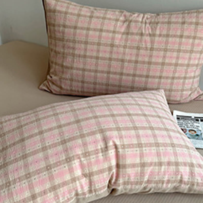 Ensemble de literie en coton à carreaux rose pâle Ownkoti - image 3