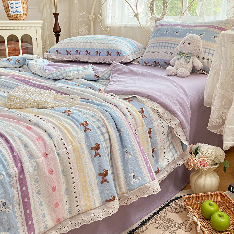 Ensemble de literie en coton à bordure en dentelle pastel Ownkoti - Coloré - Reine - image 1