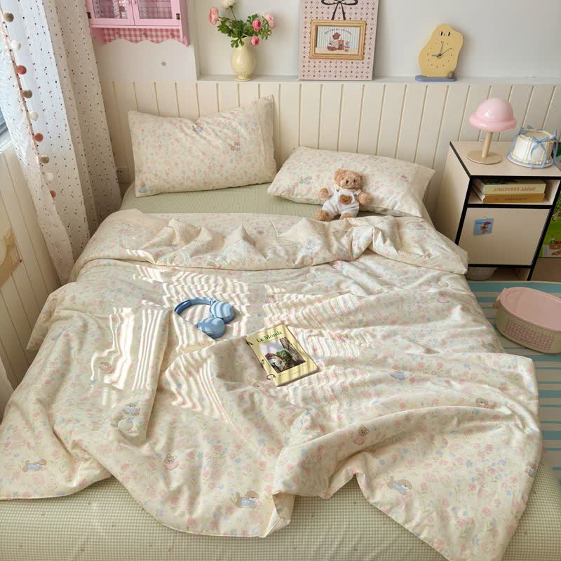 Parure de lit en coton à bordure florale crème Ownkoti - image 1