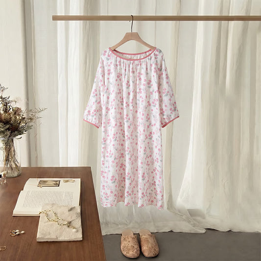 Chemise de nuit en coton rose poudré à motifs floraux - Rose - XL - image 0