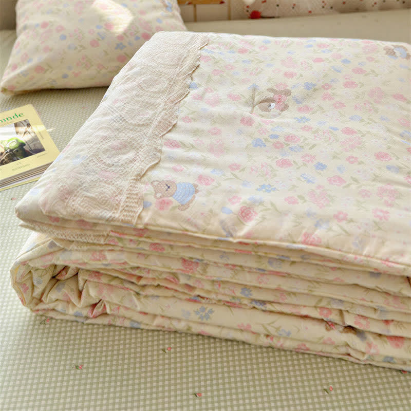 Parure de lit en coton à bordure florale crème Ownkoti - image 0